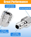 Two stainless steel 1/4 in quick-connect pressure washer fittings with male plug and female thread