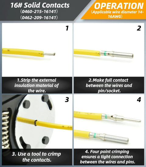Steps to crimp 16 gauge solid contacts for 205 Piece Plug And Play Connector Kit with 2 3 4 6 8 12 pin IP67 waterproof electrical connectors.