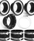 Four Inch Magnetic Dust Collection Fittings Ten Pack Dead Simple Snap Fit Shop Vac Hose Couplers with black rubber and silver clamps.
