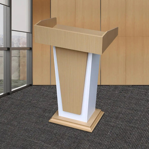 Premium Rolling Lectern And Portable Wooden Mobile Podium Featuring Locking Casters For Rolls Like A Dream in a modern office.