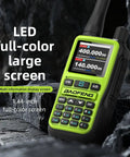 Close-up of a Two Pack Mini Ham Radio Long Range Handheld Two Way Radio with Bluetooth App Programming showing LED screen display.