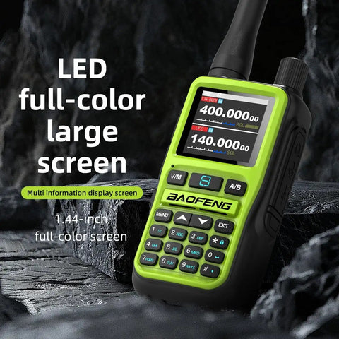 Close-up of a Two Pack Mini Ham Radio Long Range Handheld Two Way Radio with Bluetooth App Programming showing LED screen display.