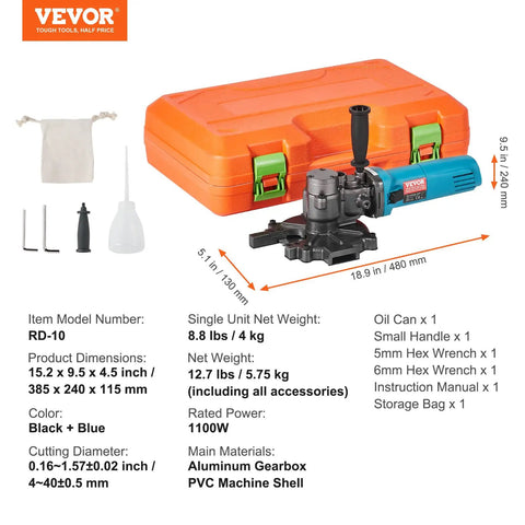 VEVOR Electric Rebar Cutter 1100W Portable Wire Rod Shear Cuts Up To 3/2 Inch Rebar shown with tool case and accessories.