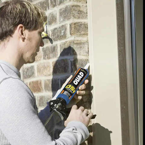 Person using Beige Window Door And Siding Sealant 10 Oz Tubes Advanced Formula Weatherproof Exterior Caulk For Home Gaps
