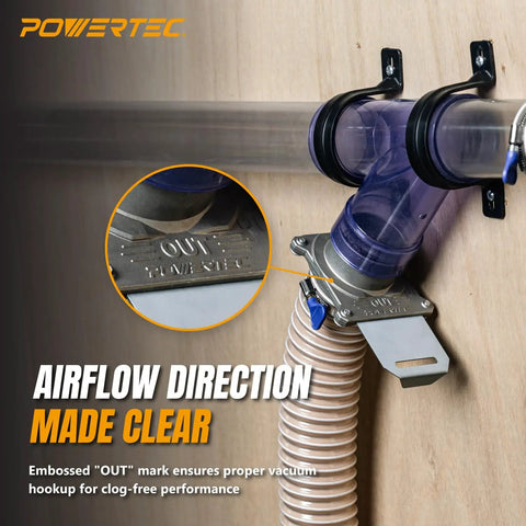 Hefty 4 Inch Aluminum Blast Gate For Dust Collection Rig With Anti Clog Valve and Lockdown Air Seal To Sweep Up Rough Shop Dust While Keeping Line Pressure Nice And Smooth All Year Round showing clear airflow direction with embossed 'OUT' mark.