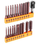 23 Piece Screwdriver Bit Set with Hex Heads And Two Styles Made From Top Tier S2 Steel For Heavy Duty Drilling And Manual Tools. 23-bit set on orange holders, metric and SAE sizes.