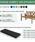 Outdoor Bench Cushion For All Weather Use, Waterproof, Fade Resistant, Non Slip Pad With Removable Cover, Fits Garden Benches, Porch Swings, Patio Sets, 48 X 18 X 3 Inches, Black shown with size guide and color options.