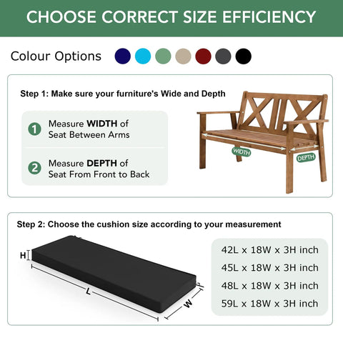 Outdoor Bench Cushion For All Weather Use, Waterproof, Fade Resistant, Non Slip Pad With Removable Cover, Fits Garden Benches, Porch Swings, Patio Sets, 48 X 18 X 3 Inches, Black shown with size guide and color options.