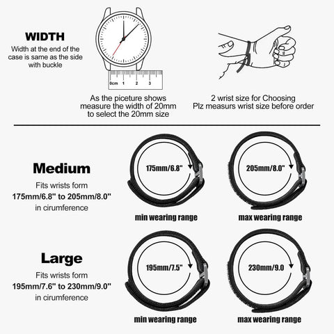 Sizing guide for Velcro Watch Strap 20mm 22mm Sport Band For Men And Women With Black Titanium Buckle