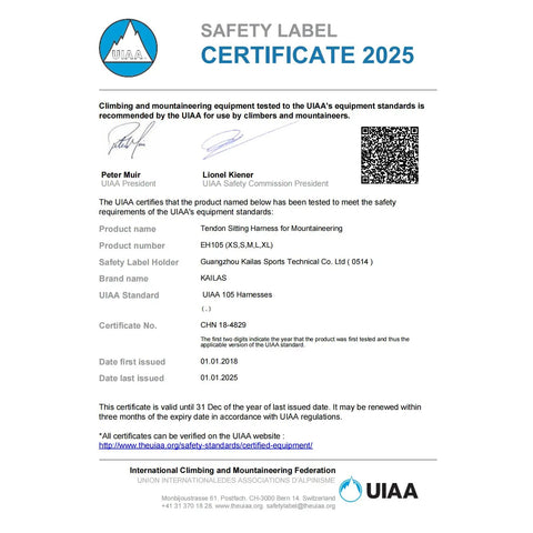 UIAA safety certification document for heavy duty rock climbing harness for men and women adjustable roof and indoor use.
