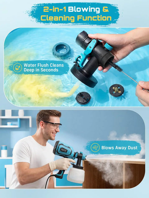 Image of a person using the 700W HVLP Paint Gun With Four Swappable Nozzles And Three Spray Patterns for cleaning and dusting.