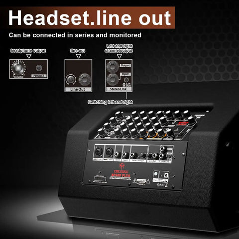 300W Acoustic Guitar Amp For Busking And Live Shows with line out and headset controls visible on the console.