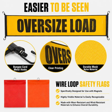 Complete 37 Piece Oversize Load Sign Kit with banner, red and orange flags, and durable nylon material details.