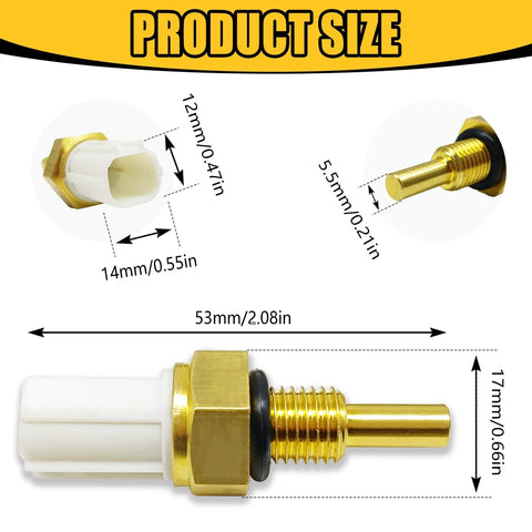 Coolant temperature sensor with white plastic connector, brass threaded body and black O-ring; overall length 53 mm.