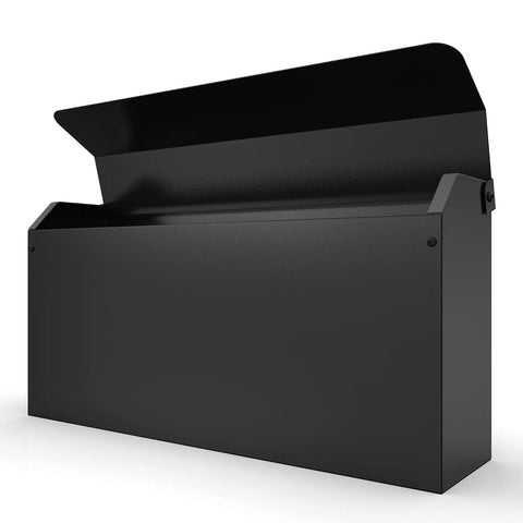 Edward Wall Mounted Mailbox In Slick Matte Black With Powder Coated Steel And Medium Capacity, lid open, side view