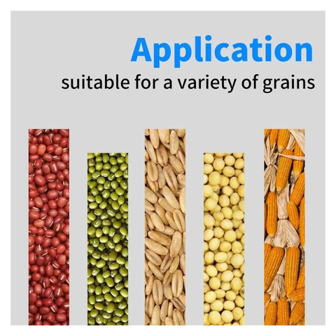 Portable Digital Grain Hardness Tester Meter For Wheat Rice And Soybeans Featuring Hella Accurate Readings shown with various grains.