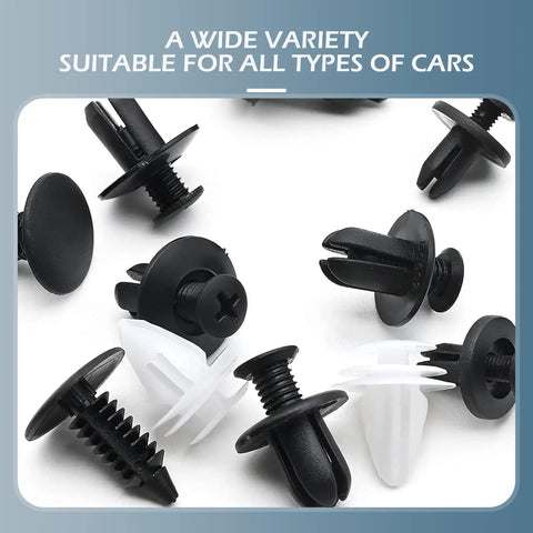 Universal 100Pcs Car Clip Kit with 6 popular sizes showing various bumper retainer clips and plastic rivets
