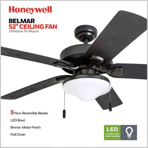 52 Inch Ceiling Fan With Light For Indoor And Outdoor Spaces, Pull Chain Control, LED 1200 Lumens At 3000K, Tri Mount Bronze Design, Damp Rated For Porches Decks And Garages