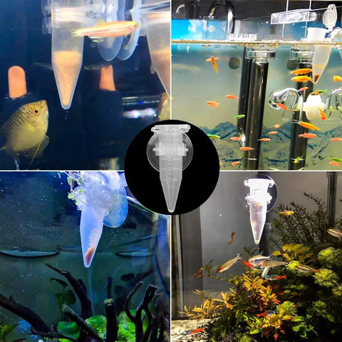 Acrylic V Shape Conical Aquarium Fish Feeder Cup For Live Red Worms Bloodworms And Brine Shrimp Eggs, clear with suction base in multiple aquariums.