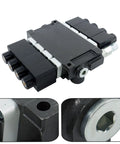 Four Spool 12V DC Hydraulic Solenoid Control Valve For Double Acting Cylinders With 13 GPM Flow And 3600 PSI Max SAE10 Inlet SAE8 Outlet And Working Ports Great For Dump Trailers Snow Plows And Heavy Industrial Machinery, front view with close-up of ports