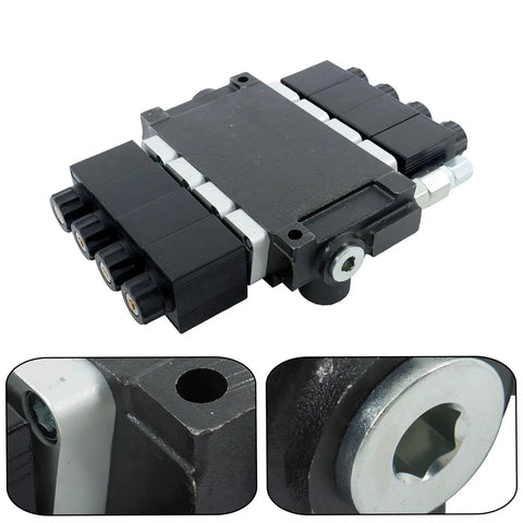 Four Spool 12V DC Hydraulic Solenoid Control Valve For Double Acting Cylinders With 13 GPM Flow And 3600 PSI Max SAE10 Inlet SAE8 Outlet And Working Ports Great For Dump Trailers Snow Plows And Heavy Industrial Machinery, front view with close-up of ports