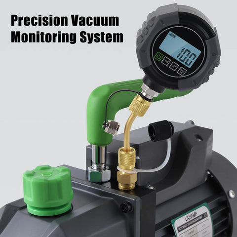 Dope Digital Vacuum Gauge For HVAC Evacuation Zero To Seventy Five Thousand Microns Range One Quarter Inch SAE Connection Pro Grade Digital Pressure Tester Meter With Three Way Connection And Extended Rod Portable High Accuracy Tool on vacuum pump