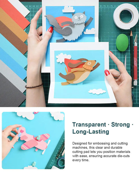 Hands holding cutout cards made with 4 Pack Transparent Die Cutting Pads For Scrapbooking Machines, 8.75 x 6 Inch Clear Polycarbonate Cutting Plates