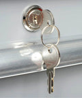Close-up of keys inserted in the lock of Top Shelf Double Pedestal Workbench With Expandable Drawers And ESD Safe Foundation.