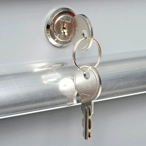 Close-up of keys inserted in the lock of Top Shelf Double Pedestal Workbench With Expandable Drawers And ESD Safe Foundation.
