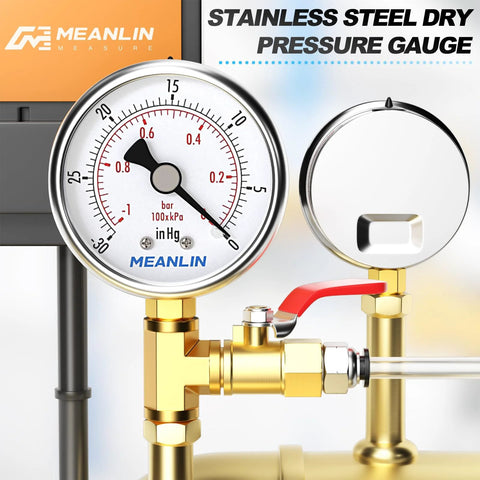 Meanlin stainless steel 2-inch vacuum/pressure gauge with brass fittings and red valve, front view