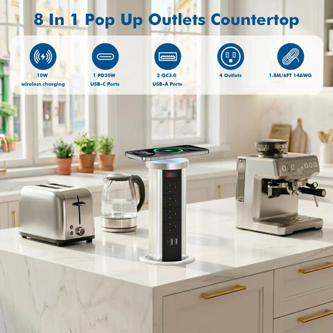 Pop Up Countertop Power Outlet With USB C And Four AC Sockets Slick Recessed Receptacle Pull Up Socket 10W Wireless Charger Easy Install For Kitchen Office Or Conference Room on kitchen island with toaster and coffee machine.