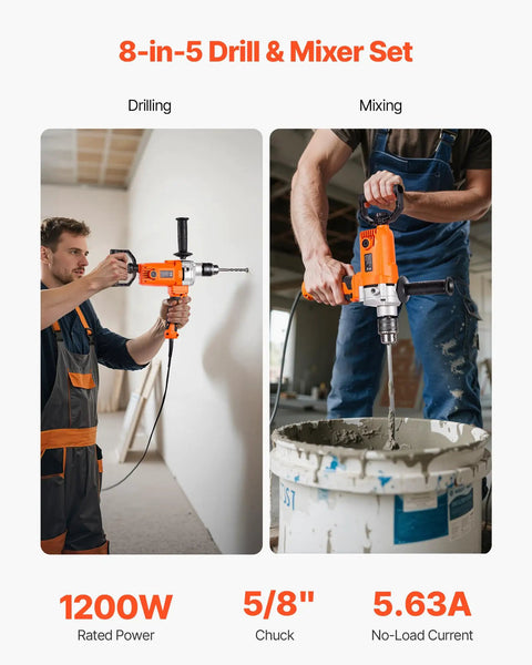 Corded Drill Mixer With 1200W Motor, Five Eighth Inch Chuck, 0 To 750 RPM, shown in use for drilling and mixing cement.