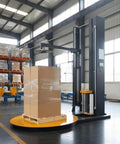 Built Like A Tank Automatic Pallet Wrapper With Plc Touchscreen Panel And Heavy Duty Welded Steel Frame To Crush Daily Freight Loads Without Skipping A Beat On High Volume Shipping Floors, packaging a pallet in a warehouse.
