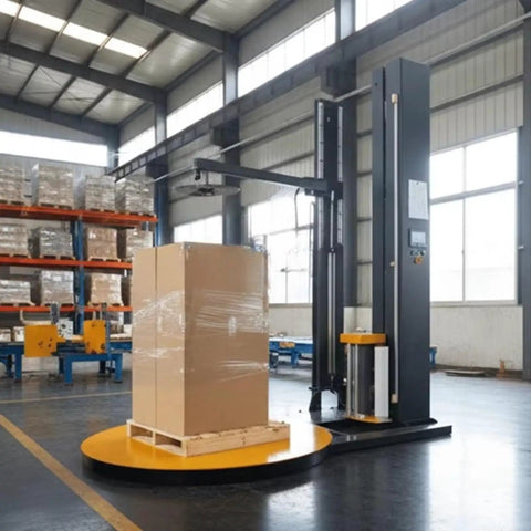 Built Like A Tank Automatic Pallet Wrapper With Plc Touchscreen Panel And Heavy Duty Welded Steel Frame To Crush Daily Freight Loads Without Skipping A Beat On High Volume Shipping Floors, packaging a pallet in a warehouse.
