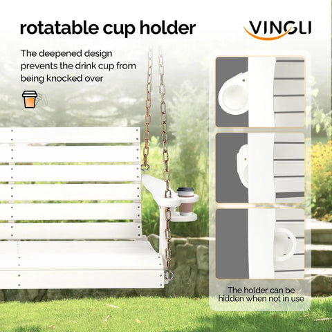 Heavy Duty 1600 LB HDPE Porch Swing For Two With Rotatable Cup Holder 4 FT Outdoor Bench Swing shown with cup holder in use
