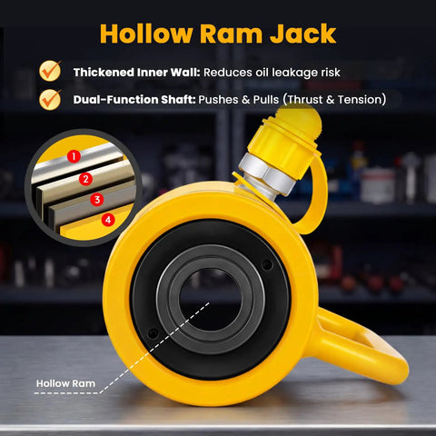 30 Ton Hydraulic Hollow Ram Jack With 2 Inch Stroke And Compact Design showing thickened inner wall and dual-function shaft.