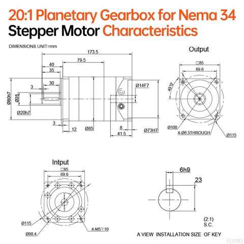 Technical diagram of Beefy 20 To 1 Planetary Gearbox For Nema 34 Stepper Motor Backlash 20 Arcmin Input Shaft 14mm.