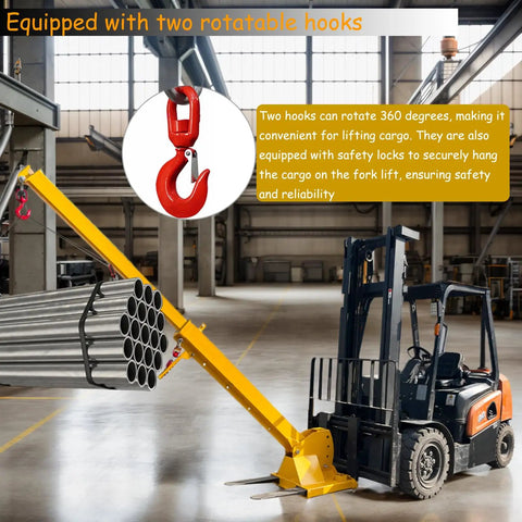 Heavy Duty Forklift Jib Boom Crane Attachment 4400 Lbs Capacity Manual Telescoping Boom with dual swivel hooks lifting steel pipes.