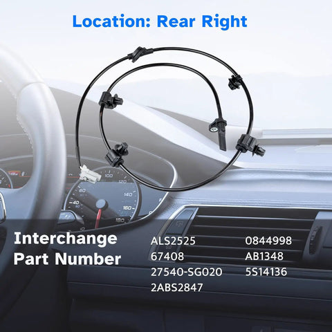 Rear Right Abs Wheel Speed Sensor For Subaru Forester And Crosstrek positioned in a vehicle cabin with part numbers displayed.