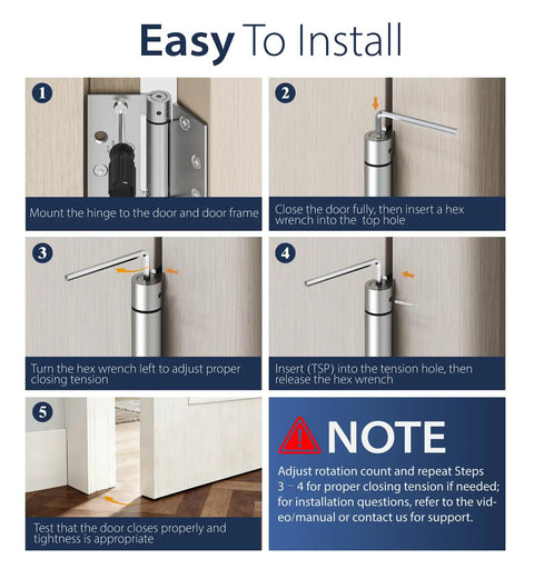 Installation steps for Self Closing Door Hinges 4.5 Inch Spring Hinges with Adjustable Tension 3 Pack, brushed nickel frame.