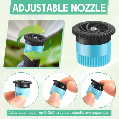 Heavy Duty Replacement Sprinkler Heads 60 Pack Features Fully Rotating Adjustable 360 Spray Patterns nozzle close-up with twist valve.