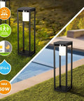 Outdoor Solar Floor Path Light With Motion Sensor Cordless Aluminum Garden Lamp beside a pool and garden path