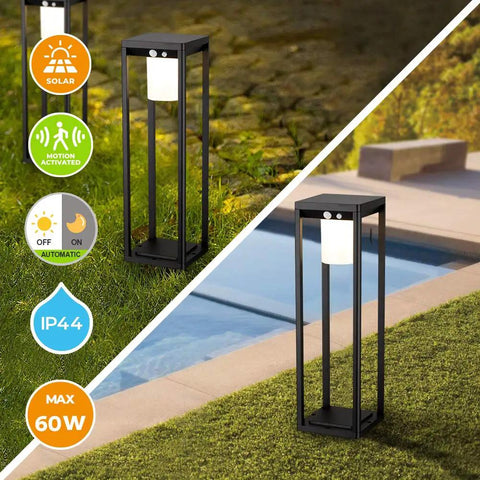 Outdoor Solar Floor Path Light With Motion Sensor Cordless Aluminum Garden Lamp beside a pool and garden path