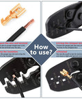Step-by-step guide on using the Molex And Delphi Crimp Tool For Deutsch DT Series Terminals with wire and terminal illustration