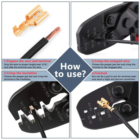 Step-by-step guide on using the Molex And Delphi Crimp Tool For Deutsch DT Series Terminals with wire and terminal illustration
