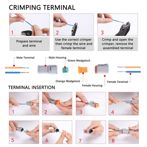 Crimping and insertion process for 2 Pin Dt Series Waterproof Connector Kit Pack Includes Dt04-2P And Dt06-2S Receptacles