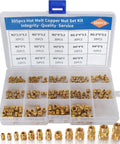 305 Piece Knurled Threaded Insert Nuts Set For Plastic 3D Printing And Injection Molding Brass Heat Set Inserts M2 To M6 14 Sizes And 6 Bore Options Durable Corrosion Resistant Kit For DIY Folks in a plastic organizer case with individual compartments showing different sizes of brass inserts.