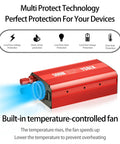 500W Car Power Inverter With 12V To 110V Conversion, Dual Fast Charging 24W USB, And 2 AC Outlets shown with cooling fan