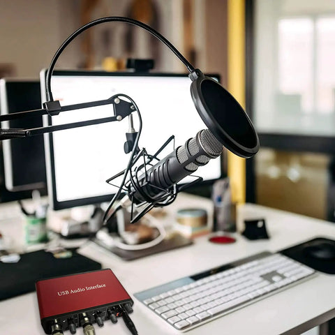 Studio setup with 2x2 USB Audio Interface With 48V Phantom Power And 24-Bit 96kHz Recording For Microphones And Instruments, Plug And Play