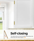 Top Shelf Gold Cabinet Hinges Four Pack Semi Concealed One Half Overlay close-up of self-closing hinge on white cabinet door.